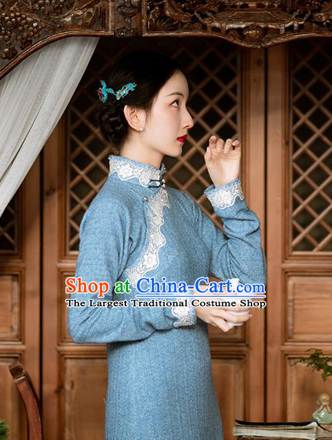 Chinese National Blue Cheongsam Traditional Women Costume Classical Qipao Dress