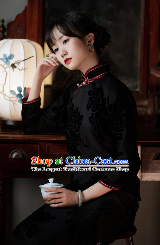 Chinese National Women Cheongsam Traditional Costume Classical Black Velvet Qipao Dress