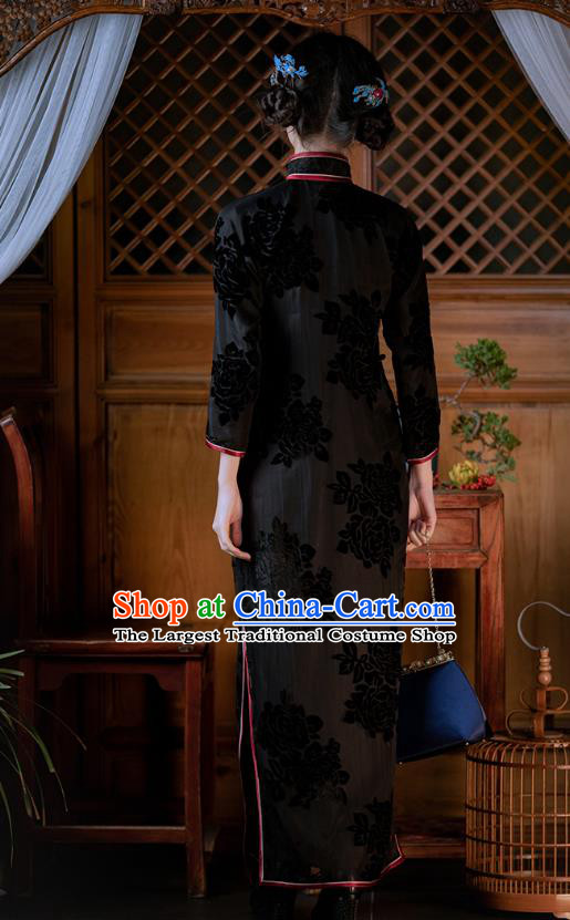 Chinese National Women Cheongsam Traditional Costume Classical Black Velvet Qipao Dress