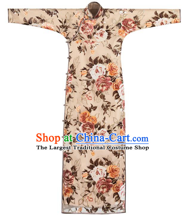 Chinese Classical Printing Peony Beige Qipao Dress National Women Cheongsam Traditional Costume