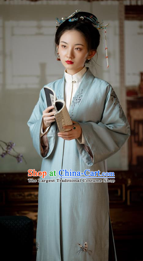 Traditional Chinese Qing Dynasty Noble Lady Blue Cloak Embroidered Dust Coat for Women