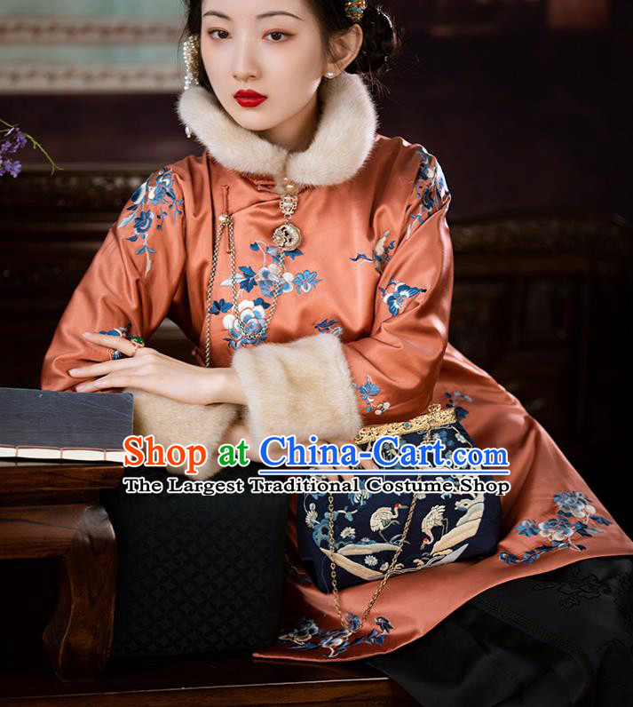 Chinese Traditional Orange Silk Cotton Padded Coat Qing Dynasty Noble Lady Embroidered Jacket for Women