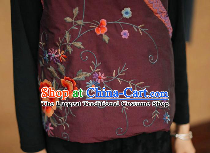 China Women Winter Purple Cotton Padded Vest Traditional Tang Suit Upper Outer Garment Clothing National Embroidered Waistcoat