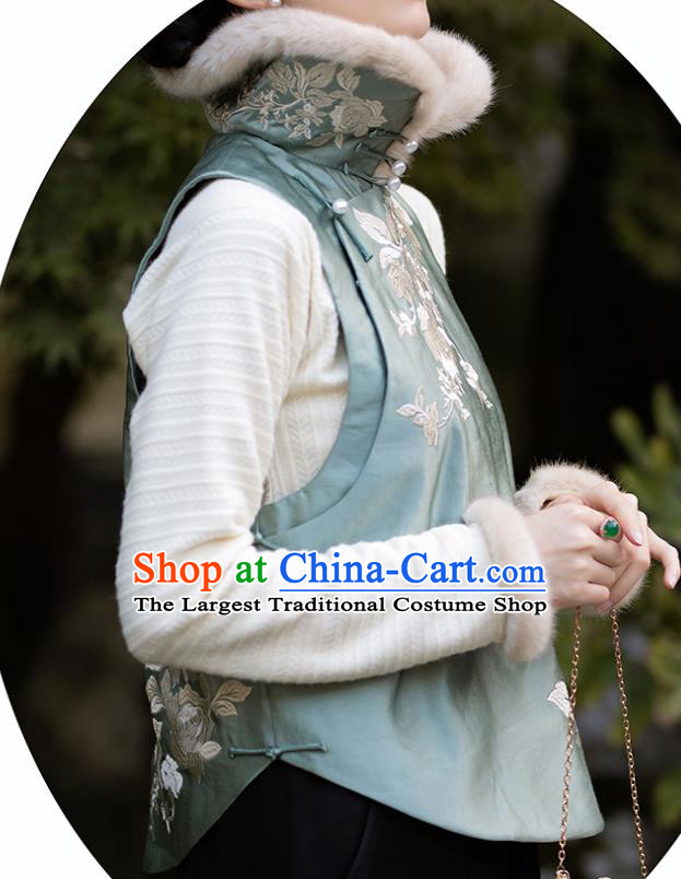 Chinese Tang Suit Waistcoat Traditional Embroidered Green Silk Vest National Women Clothing