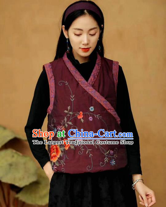 China Women Winter Purple Cotton Padded Vest Traditional Tang Suit Upper Outer Garment Clothing National Embroidered Waistcoat