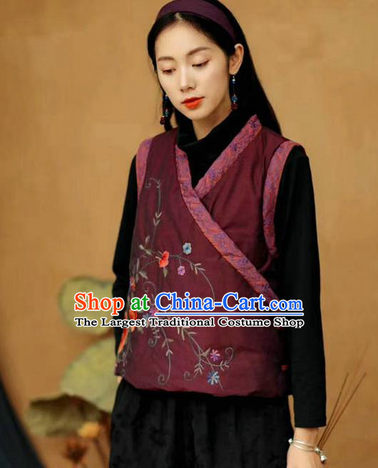 China Women Winter Purple Cotton Padded Vest Traditional Tang Suit Upper Outer Garment Clothing National Embroidered Waistcoat