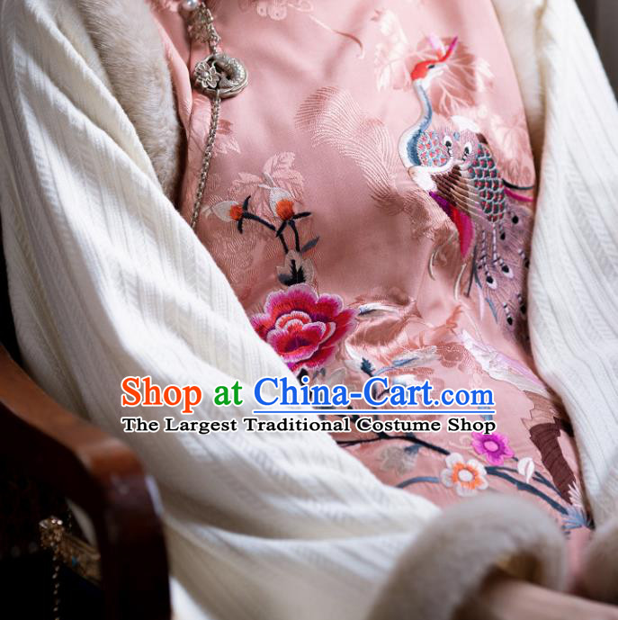 Chinese Traditional Pink Silk Cotton Padded Jacket Tang Suit Outer Garment Embroidered Short Coat for Women