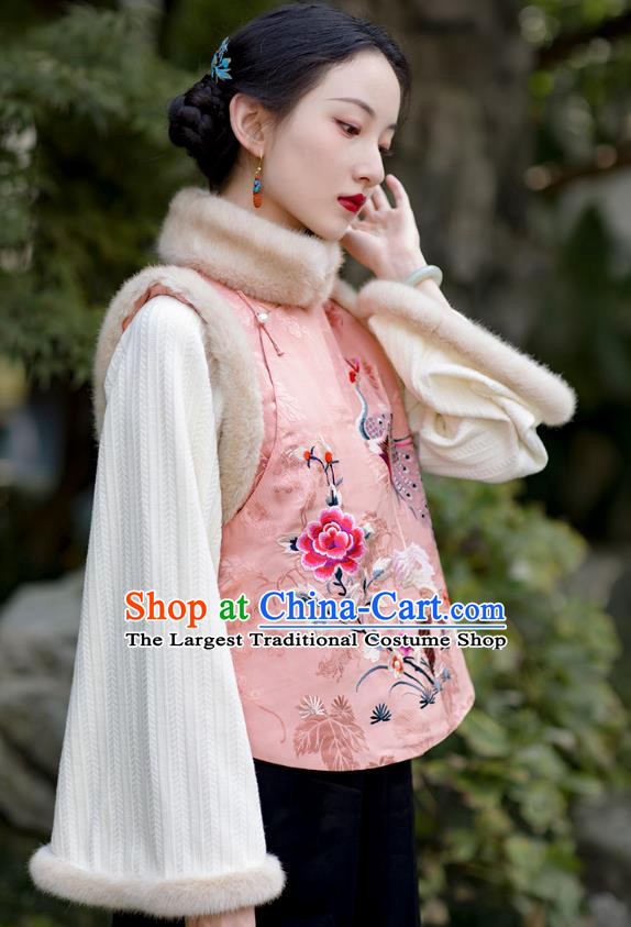 Chinese Traditional Pink Silk Cotton Padded Jacket Tang Suit Outer Garment Embroidered Short Coat for Women