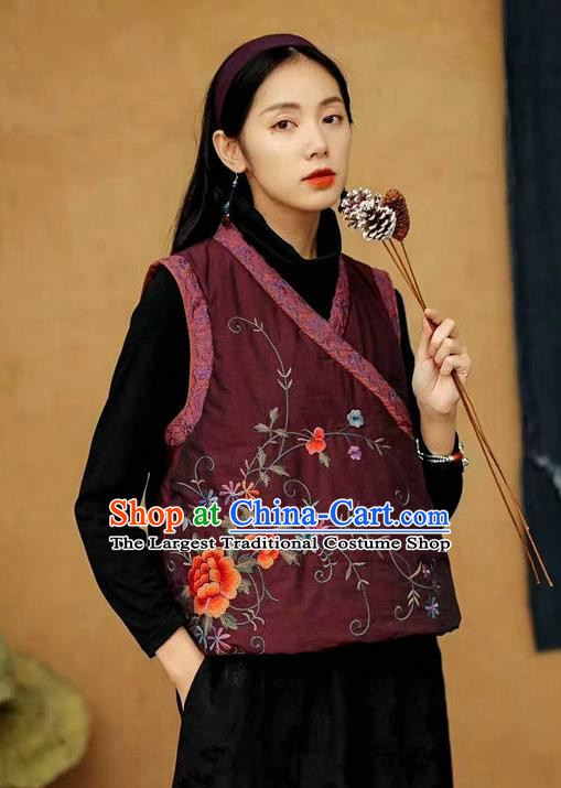 China Women Winter Purple Cotton Padded Vest Traditional Tang Suit Upper Outer Garment Clothing National Embroidered Waistcoat