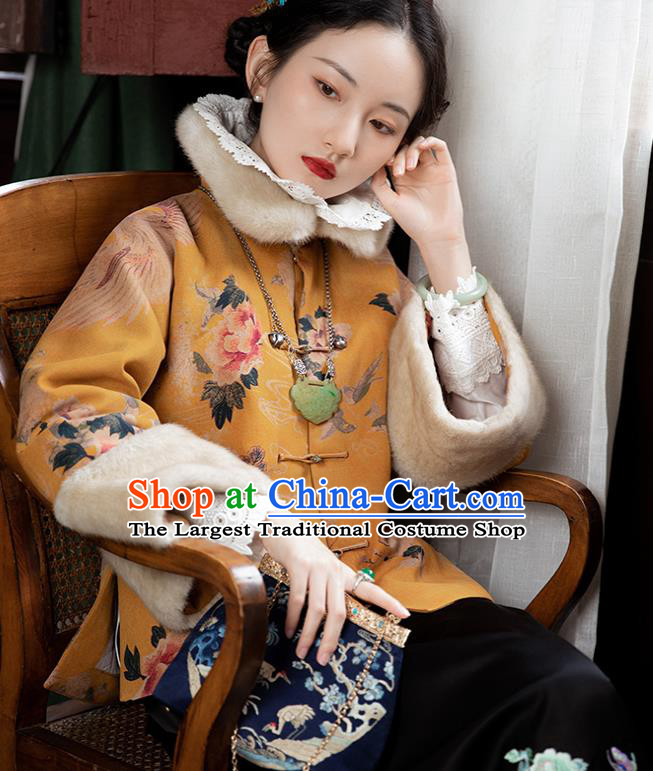 Chinese Traditional Mandarin Jacket Tang Suit Outer Garment Yellow Silk Cotton Padded Coat for Women
