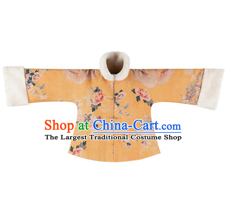 Chinese Traditional Mandarin Jacket Tang Suit Outer Garment Yellow Silk Cotton Padded Coat for Women