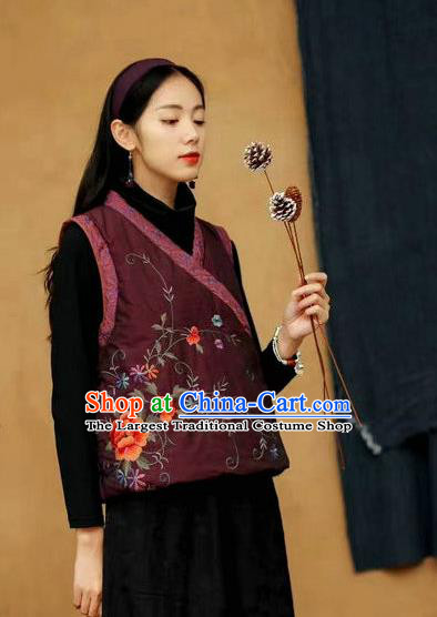 China Women Winter Purple Cotton Padded Vest Traditional Tang Suit Upper Outer Garment Clothing National Embroidered Waistcoat