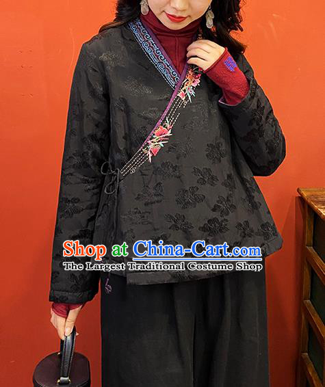 China National Black Flax Cotton Padded Jacket Tang Suit Women Coat Traditional Embroidered Winter Costume