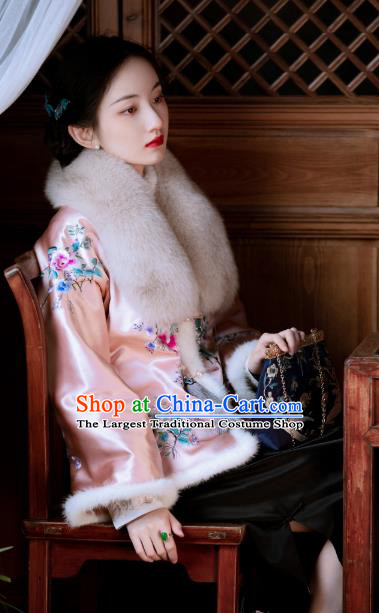 Chinese Qing Dynasty Noble Lady Pink Cotton Padded Jacket Traditional Embroidered Silk Coat for Women
