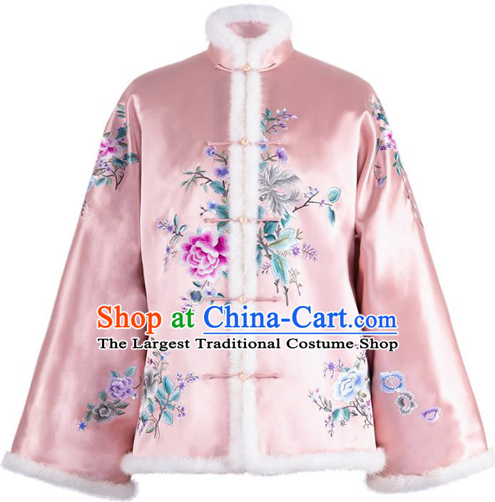 Chinese Qing Dynasty Noble Lady Pink Cotton Padded Jacket Traditional Embroidered Silk Coat for Women
