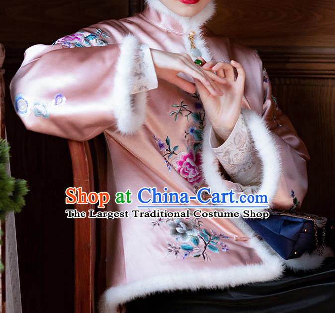 Chinese Qing Dynasty Noble Lady Pink Cotton Padded Jacket Traditional Embroidered Silk Coat for Women