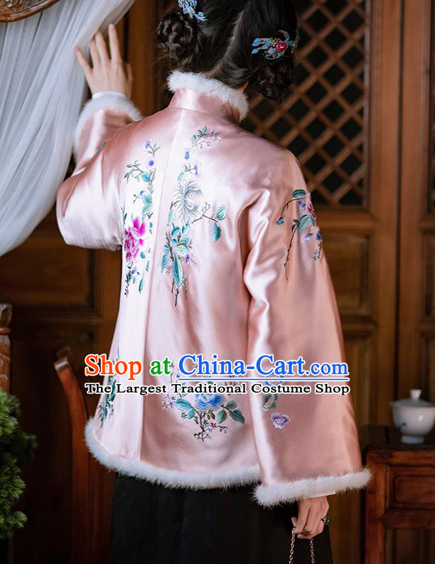 Chinese Qing Dynasty Noble Lady Pink Cotton Padded Jacket Traditional Embroidered Silk Coat for Women