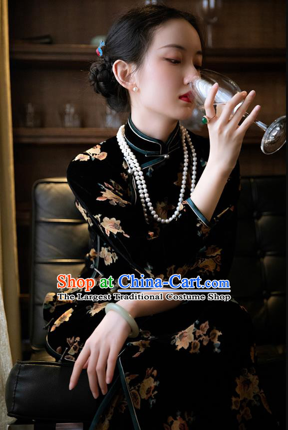 Republic of China Classical Qipao Dress Traditional Women Costume Chinese National Black Velvet Cheongsam