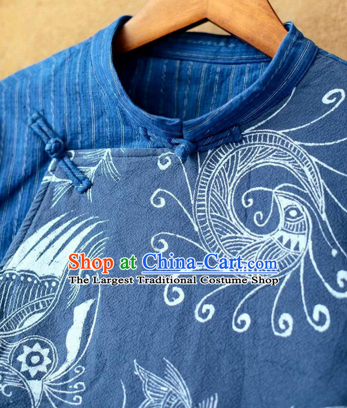 China National Blue Flax Shirt Traditional Batik Costume Tang Suit Women Blouse