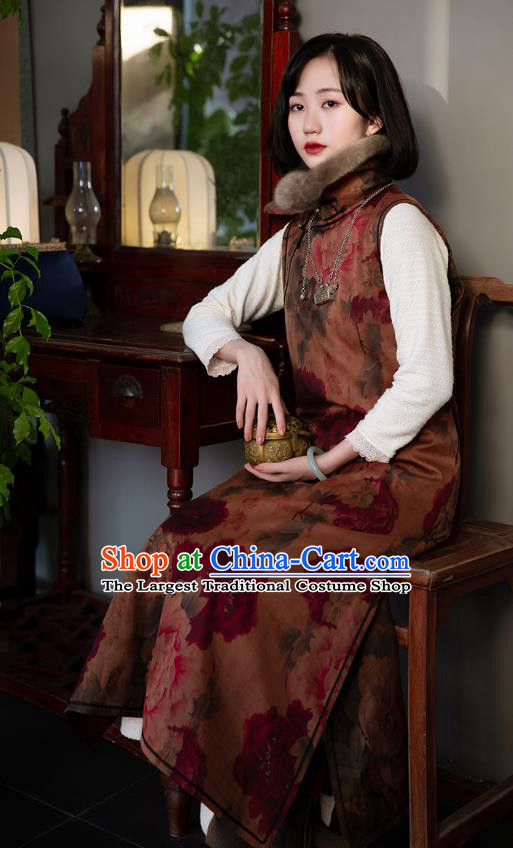 Chinese Traditional Women Costume National Cheongsam Republic of China Classical Peony Pattern Brown Silk Qipao Dress