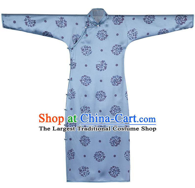 Republic of China Classical Blue Silk Qipao Dress Traditional National Costume Women Cheongsam
