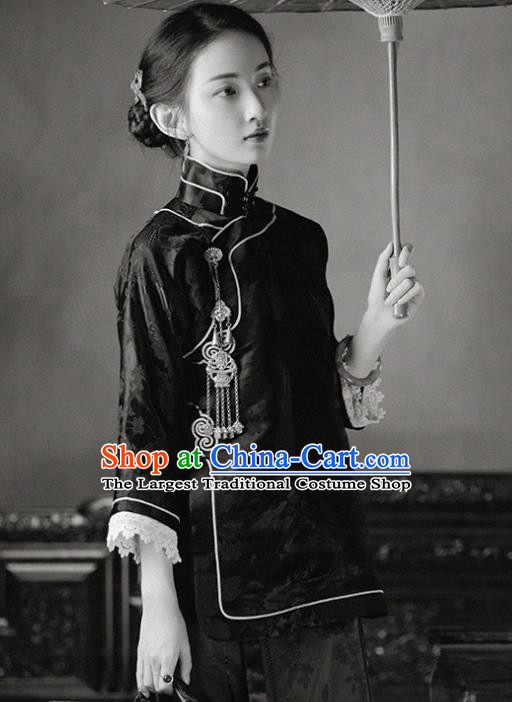 Chinese Tang Suit Upper Outer Garment National Shirt Traditional Black Silk Blouse for Women