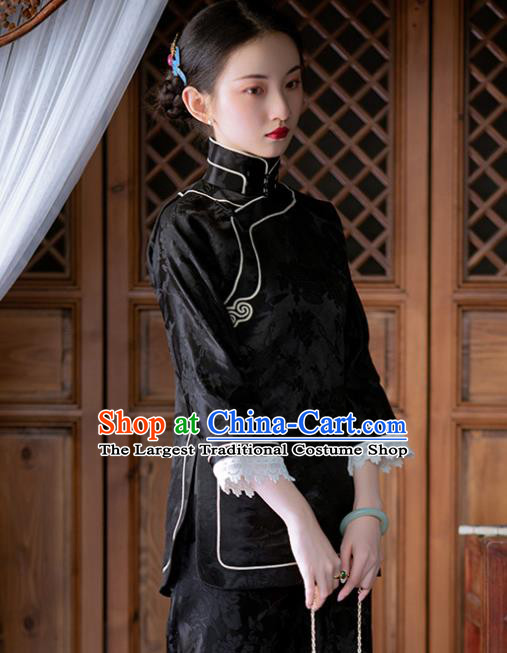 Chinese Tang Suit Upper Outer Garment National Shirt Traditional Black Silk Blouse for Women