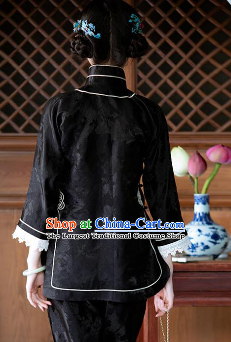 Chinese Tang Suit Upper Outer Garment National Shirt Traditional Black Silk Blouse for Women