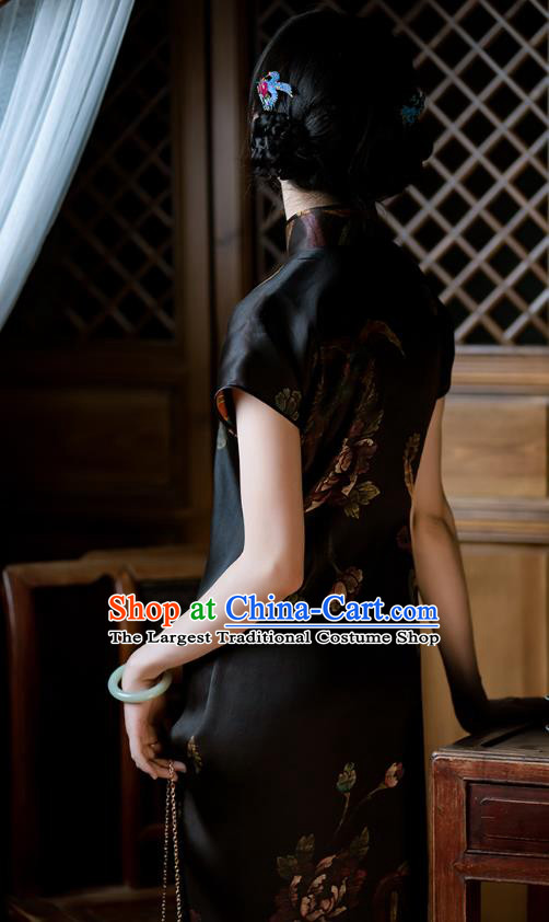 Republic of China Classical Black Satin Qipao Dress Traditional National Costume Women Silk Cheongsam