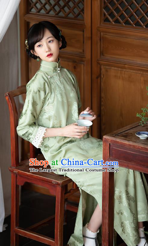 Republic of China Classical Qipao Dress Traditional National Costume Women Light Green Silk Cheongsam