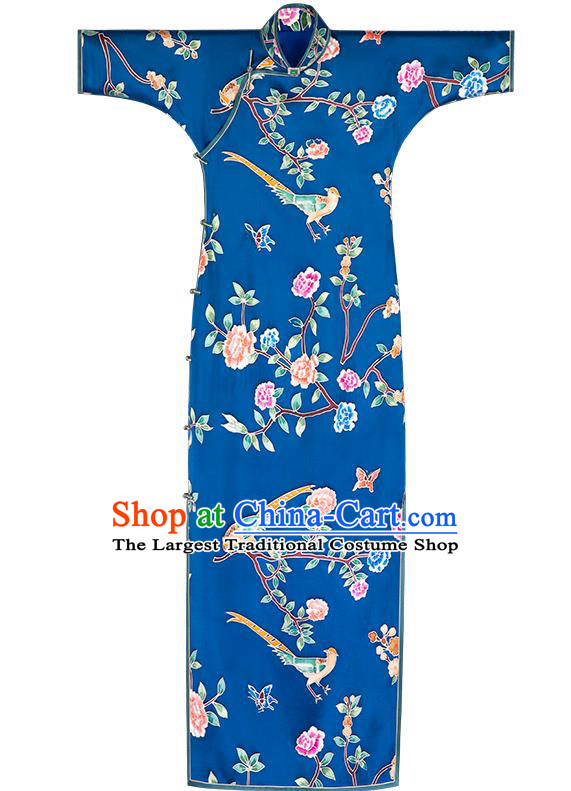 Republic of China Peony Butterfly Pattern Blue Silk Cheongsam Traditional National Costume Classical Women Qipao Dress
