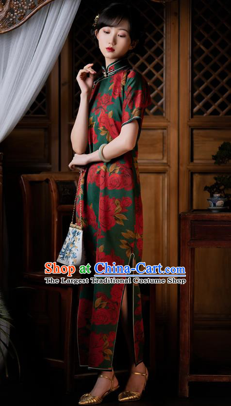 Republic of China Rose Pattern Green Silk Qipao Dress Traditional National Costume Classical Cheongsam