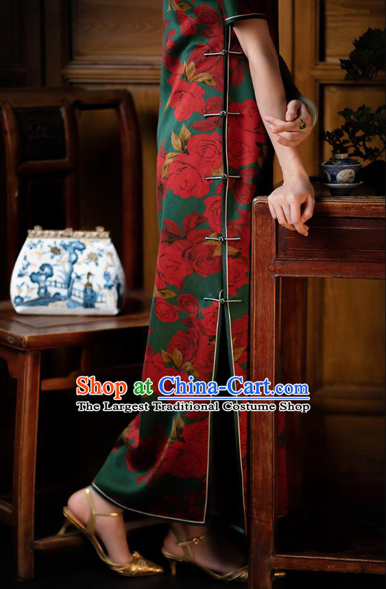 Republic of China Rose Pattern Green Silk Qipao Dress Traditional National Costume Classical Cheongsam
