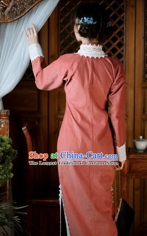 Chinese National Cheongsam Republic of China Traditional Women Costume Classical Red Corduroy Qipao Dress