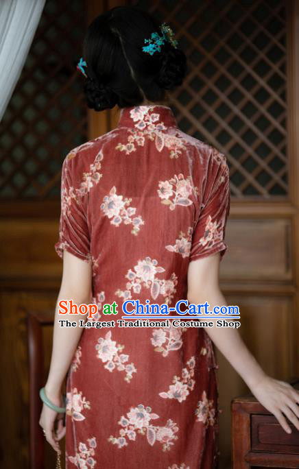Republic of China Qipao Dress Traditional National Costume Classical Purplish Red Velvet Cheongsam