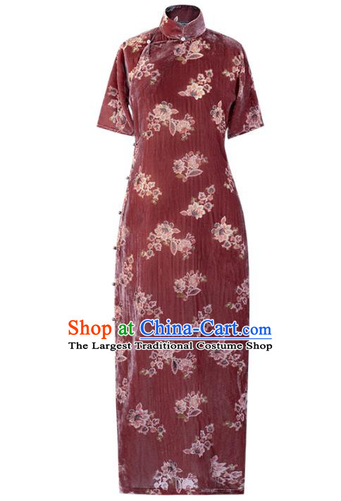 Republic of China Qipao Dress Traditional National Costume Classical Purplish Red Velvet Cheongsam