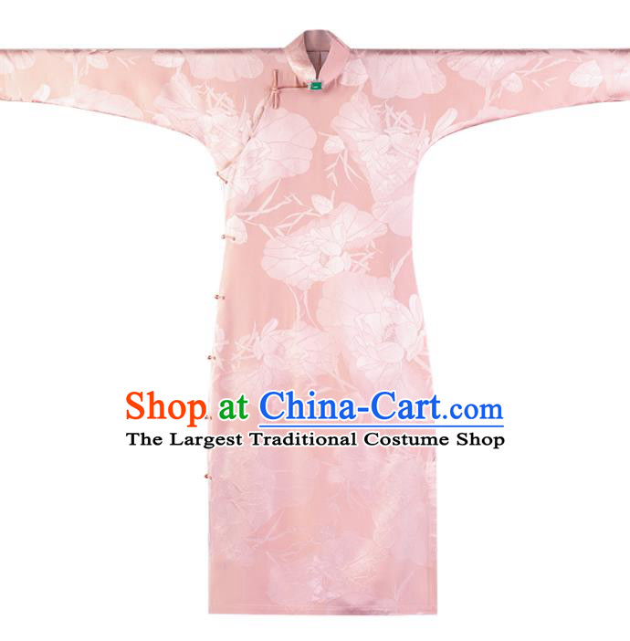 Asian Classical Cheongsam Republic of China Pink Silk Qipao Dress Traditional National Costume