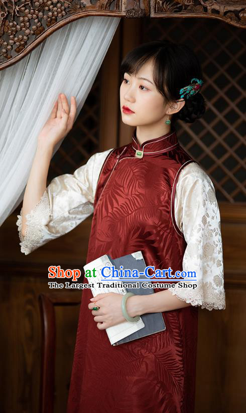 Republic of China Traditional National Costume Asian Classical Pattern Cheongsam Red Silk Qipao Dress