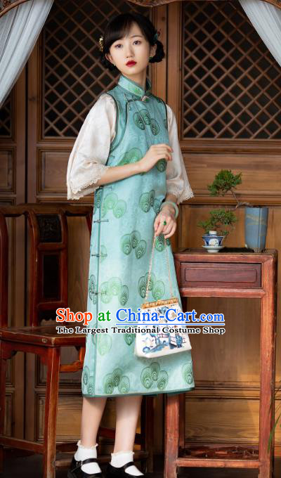 Republic of China Light Green Silk Qipao Dress Traditional National Costume Asian Classical Cheongsam