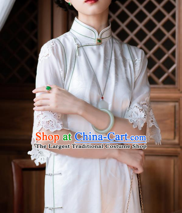 Republic of China Traditional White Silk Qipao Dress Asian Classical Cheongsam National Costume