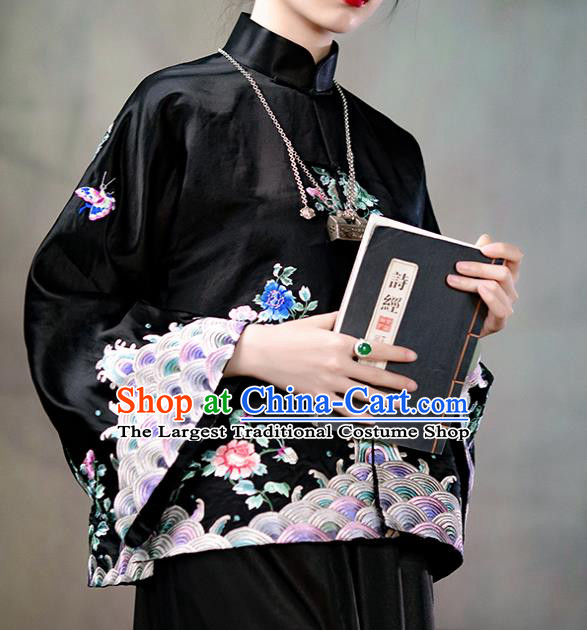Chinese Tang Suit Outer Garment National Clothing Traditional Black Silk Embroidered Mandarin Jacket for Women