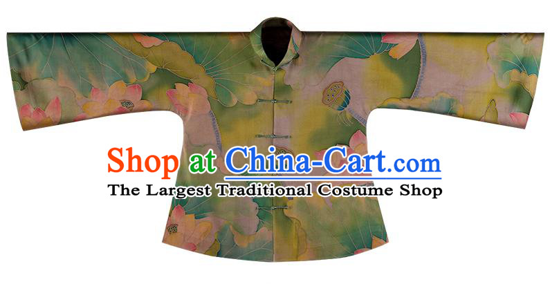 Chinese National Clothing Tang Suit Outer Garment Traditional Lotus Pattern Green Silk Mandarin Jacket for Women