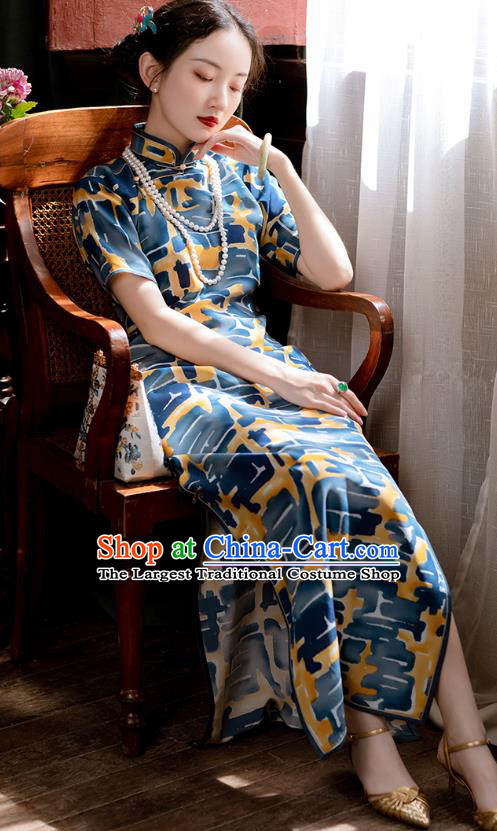 Republic of China Traditional Women Costume Classical Qipao Dress Chinese National Blue Cheongsam
