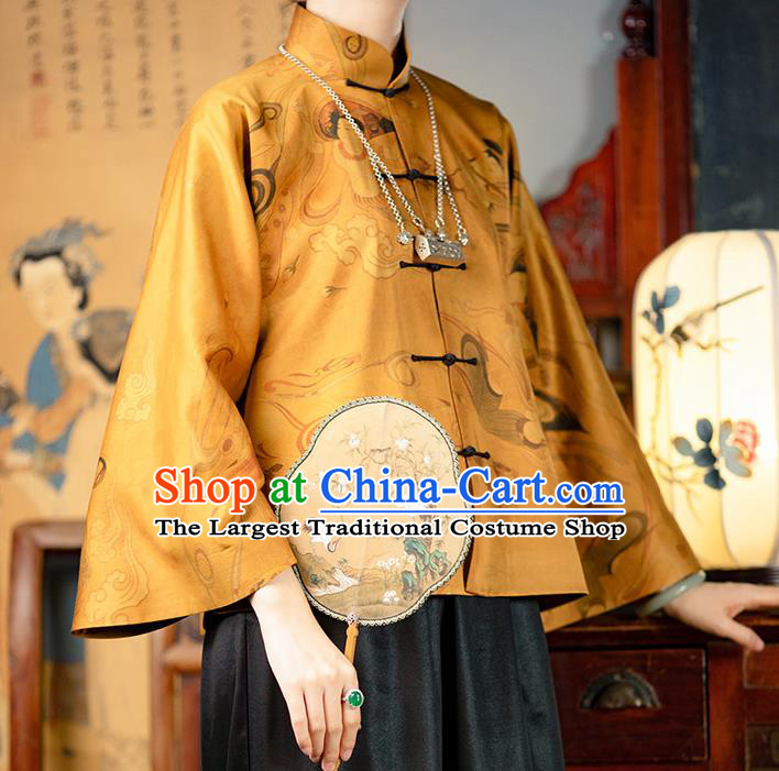 Chinese Traditional Flying Apsaras Pattern Golden Silk Mandarin Jacket National Clothing Tang Suit Outer Garment for Women