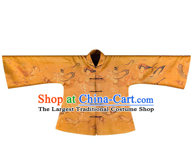 Chinese Traditional Flying Apsaras Pattern Golden Silk Mandarin Jacket National Clothing Tang Suit Outer Garment for Women