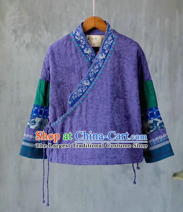 China National Purple Flax Quilted Jacket Women Winter Coat Traditional Embroidered Tang Suit Outer Garment Costume