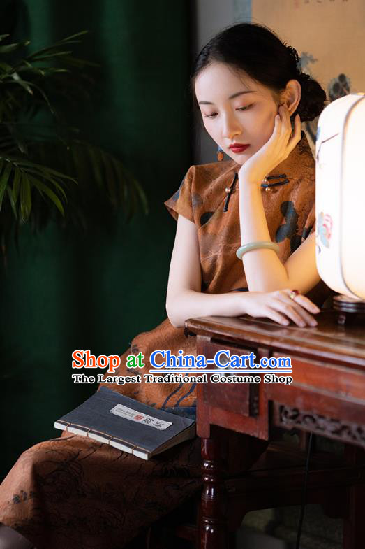 Republic of China Traditional Qipao Dress Chinese National Costume Classical Brown Silk Cheongsam