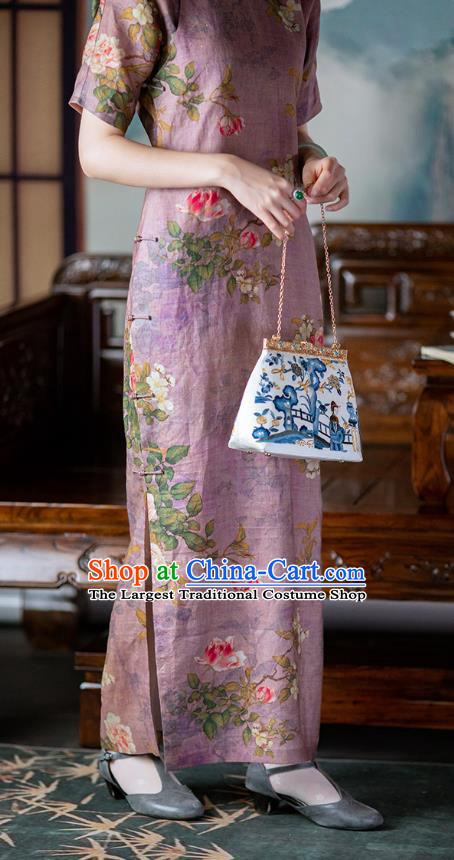 Republic of China Qipao Dress Chinese National Printing Peony Lilac Silk Cheongsam Traditional Costume