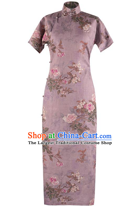 Republic of China Qipao Dress Chinese National Printing Peony Lilac Silk Cheongsam Traditional Costume