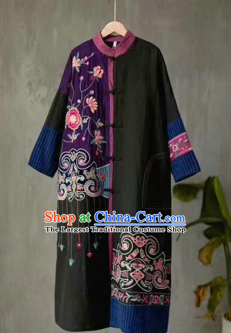 China National Women Black Flax Overcoat Traditional Winter Costume Tang Suit Embroidered Dust Coat